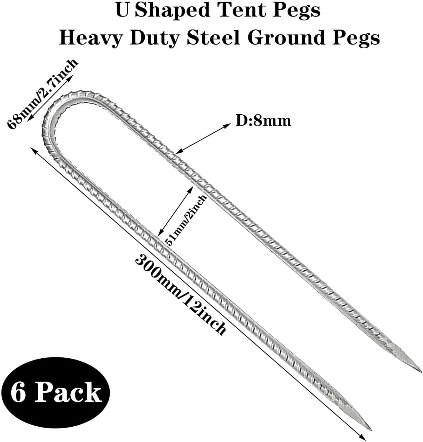 HRTGFD-12inch 6 Pack Ground Stakes Sets, Steel Rebar Stakes Tents Nails Heavy Duty Garden Stake Ground Anchor Pegs U Shaped Fences Stake for Trampolines Camping Canopies Sheds Swing