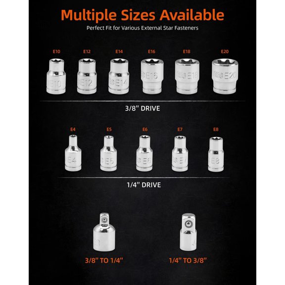 HRTGFD-13-Piece E-Torx Socket Set with 6-Point Star Design - E4 to E20 Sizes, 1/4 & 3/8 Drive, Hardened CR-V Steel, Impact Wrench Compatible, Sturdy Molded Case
