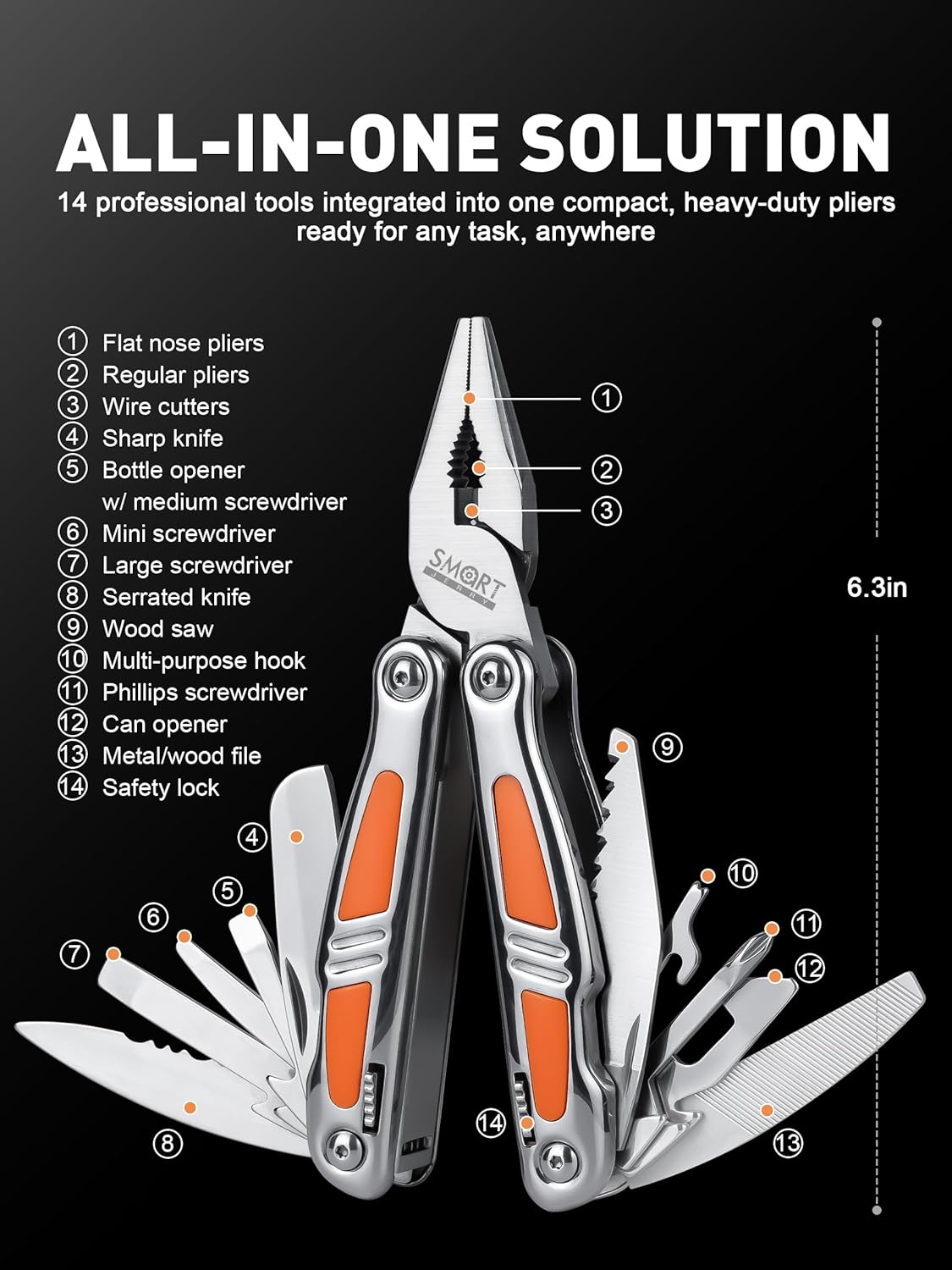 HRTGFD-14-in-1 Multitool Pliers with Sheath | Self-Locking Foldable Multi Tool for DIY, Home, Garden, Camping | Stainless Steel EDC Pocket Knife | Gifts for Men, Dad, Husband​