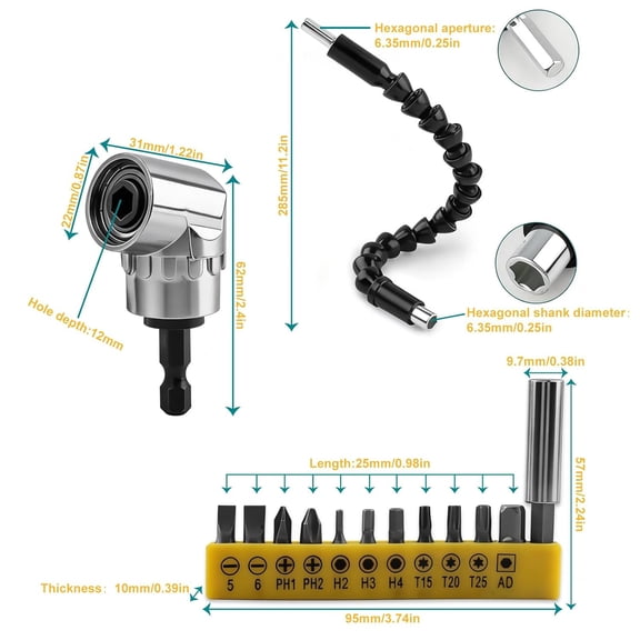 HRTGFD-14Pcs Flexible Drill Bit Extension Set,105 Right Angle Drill Attachment,1/4 Inch Hex Shank Bendable Drills Bit Extension 12 Short Screwdriver Bits Electric Hand Tool(Silver+Black)