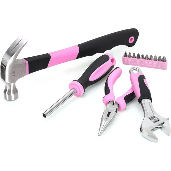 HRTGFD-15-Piece Pink Tool Kit, Household Tools Set for Women, Hand Tools for Home Maintenance & Repairing, Includes Tool Bag