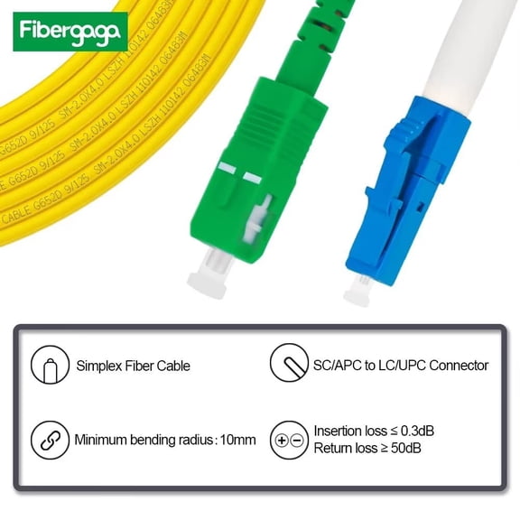 HRTGFD--15M(50ft) OS2 LC/UPC to SC/APC Fiber Patch Cable Single Mode, Simplex, Length Option: 0.5M(1.6ft)-50m(164ft) 9/125m 2.0mm Diameter Fiber Optic Cords, OS1/OS2 Compatible