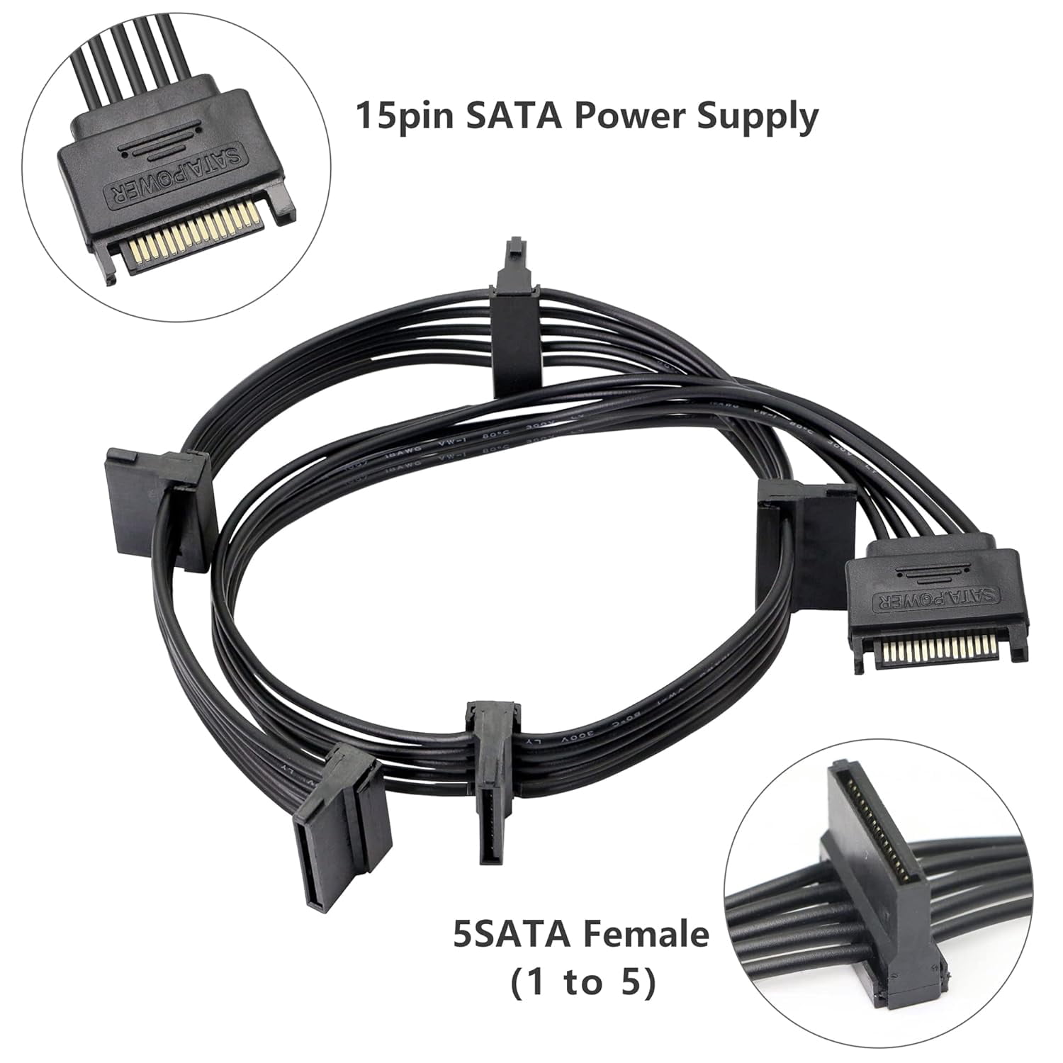 HRTGFD-15Pin SATA Male to 5 x 15 Pin SATA Female Hard Drive Power Right Angle Splitter Adapter Cable Extension Cable for Hard Disk 50CM