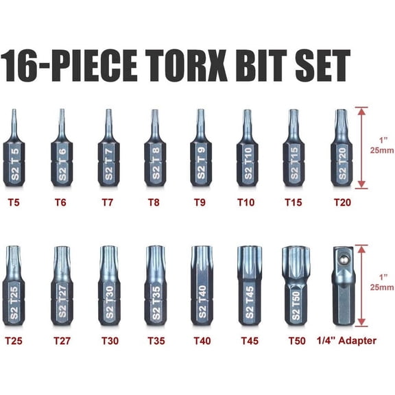 HRTGFD-16-Piece Security Torx Bit Set T5-T50, Tamper Resistant Star Bits Set S2 Steel with a 1/4" Adaptor