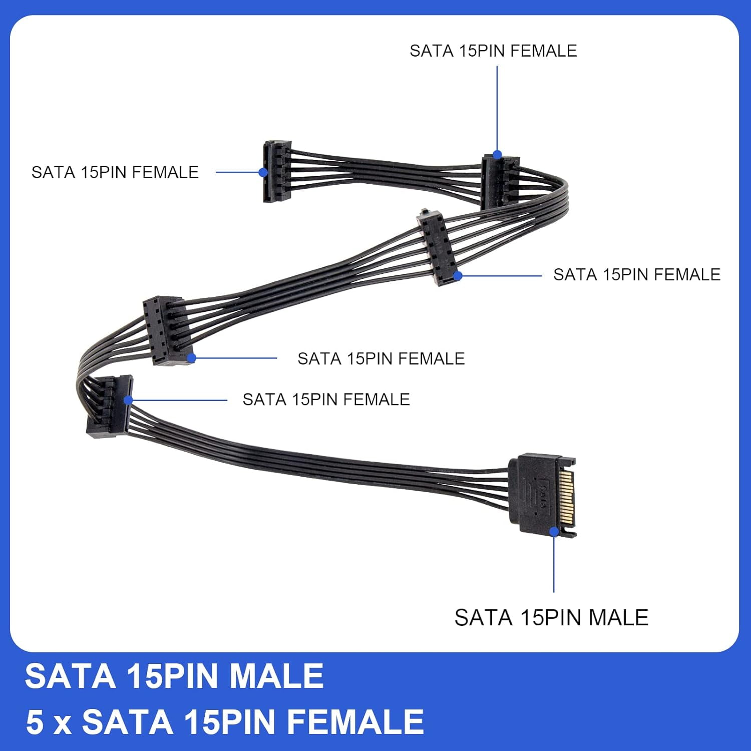 HRTGFD-2-Pack 15Pin SATA to 5 SATA Power Extension Cables Splitter for HDD/SSD - 21 Inches