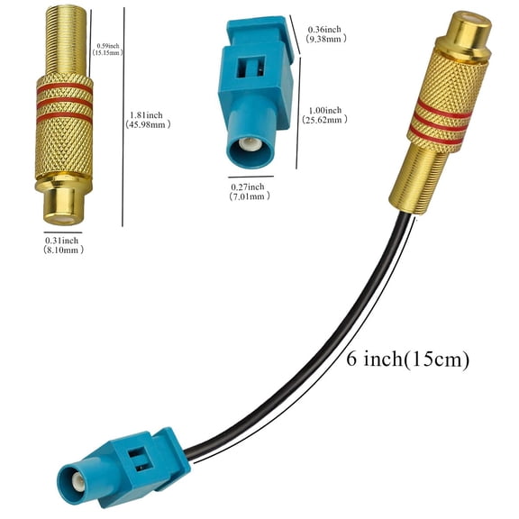 HRTGFD-2 Pack 6inch Fakra Z Waterblue Male to RCA Female Pigtail Jumper Coaxial Cable for Car DVD Extension Cable RG174 Coax Cable