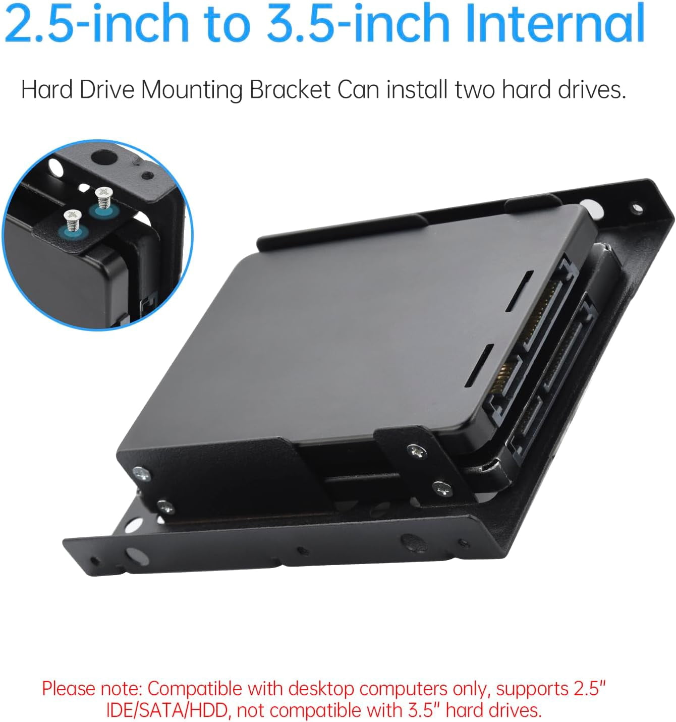 HRTGFD-2 Pack Double-Deck SSD Mounting Bracket SSD Adapter 2.5" to 3.5" Hard Drive with SATA Cable and Power Splitter Cable Metal SSD HDD Holder Compatible with 2.5 to 3.5 Drive Bay