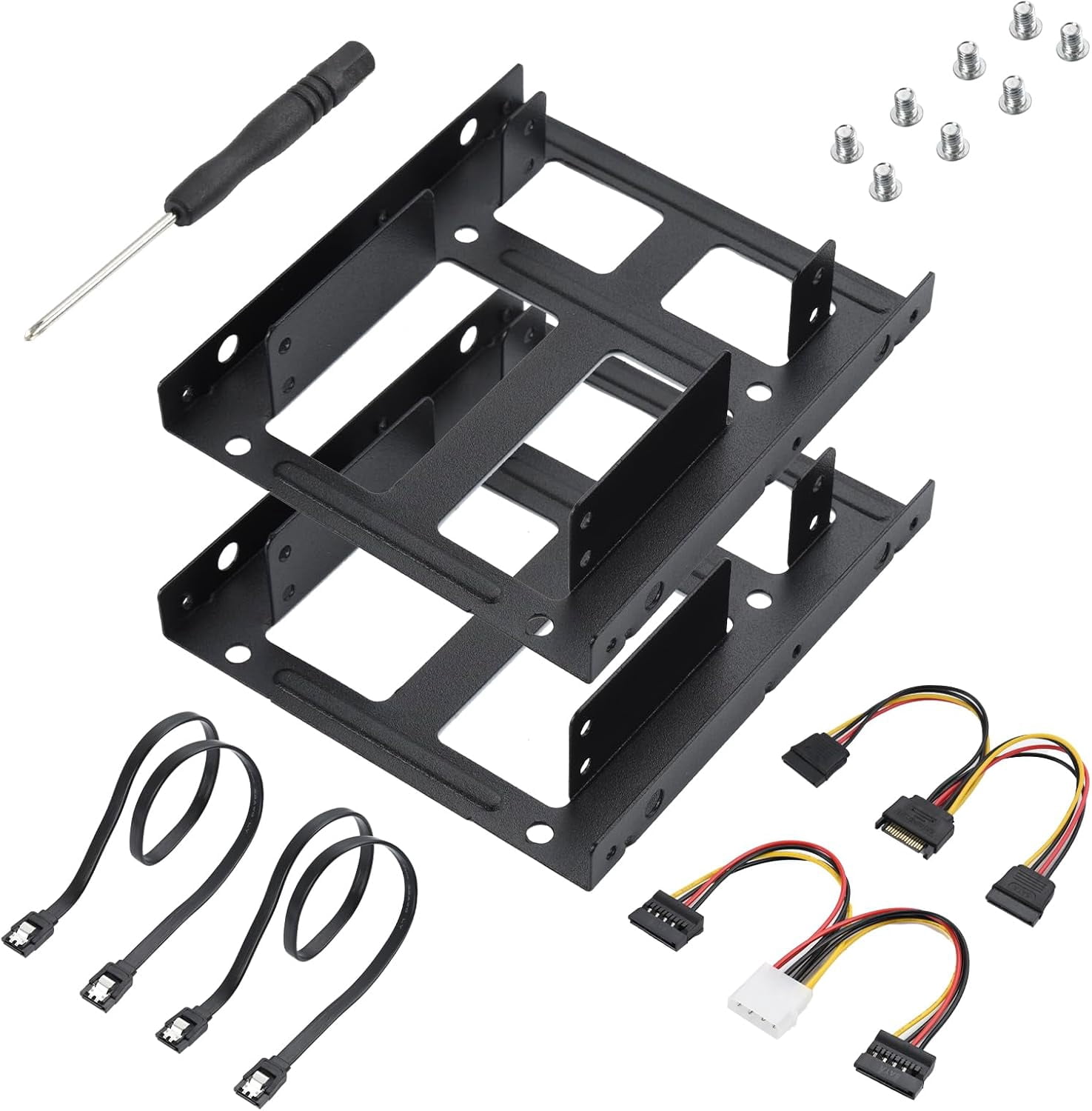 HRTGFD-2 Pack Double-Deck SSD Mounting Bracket SSD Adapter 2.5" to 3.5" Hard Drive with SATA Cable and Power Splitter Cable Metal SSD HDD Holder Compatible with 2.5 to 3.5 Drive Bay