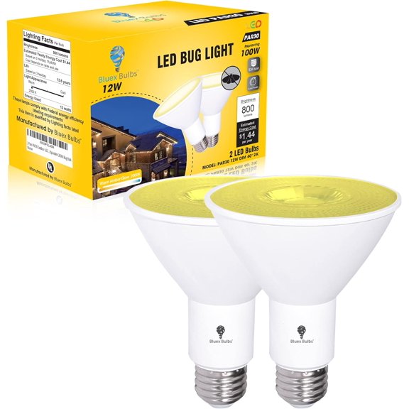 HRTGFD-2 Pack PAR30 Amber Yellow LED Bug Light Bulb Outdoor LED Flood Light Bulb 12W 100 Watt Equivalent Dimmable Waterproof E26 Bug LED Yellow Light Bulbs Warm Bug-Free Lighting for Home Insect Repe