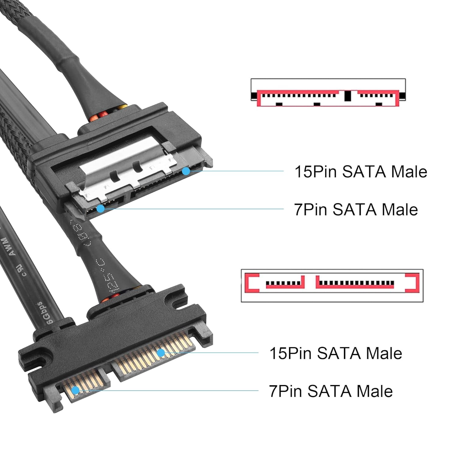 HRTGFD-2-Pack SATA Power Cable 50cm 22Pin (7+15) Male to Female Data Power Combo Extension Cable for SSD,HDD,PCI Cards