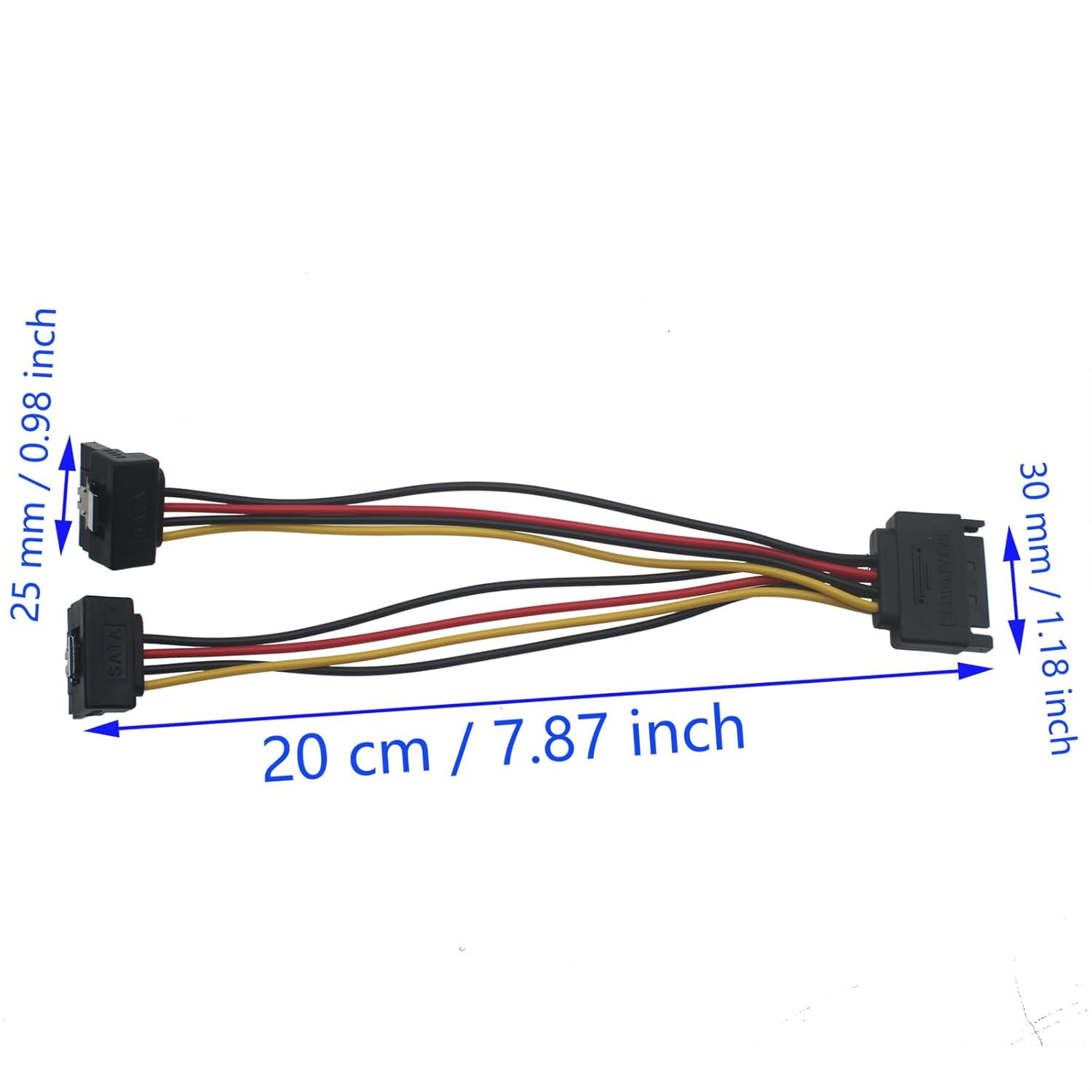HRTGFD-20 CM 15 Pin Male to Dual Female SATA Down Angle Connectors Power Cable for Hard Disk, Optical Drive and HDD (2 PCS)