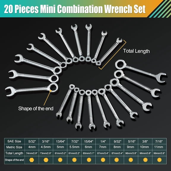 HRTGFD-20-Piece Mini Combination Wrench Set, Standard Metric and SAE, 5/32"-7/16"&4-11mm, Extra Slim Midget Spanner, Open End and Box End Ignition Wrenches with Storage Roll Pouch
