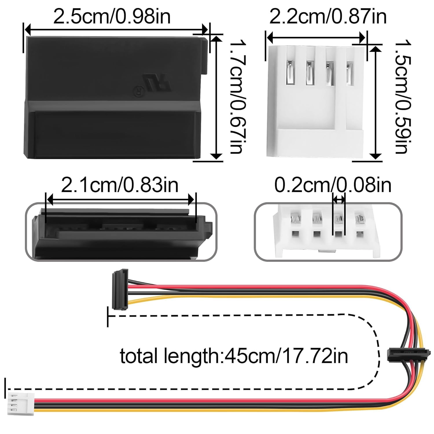 HRTGFD-25+20cm Desktop PC Floppy Drive 4PIN to Dual SATA 15Pin Power Cable, Hard Drive/SSD Power Adapter for PSU with Limited SATA Ports, Compatible with MX714 & Most Desktop Computers