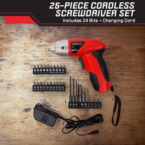 HRTGFD-25-Piece Electric Screwdriver Set - Cordless Drill with LED Work Light, Automatic Spindle Lock, and Screw Driver Bits by (Red)