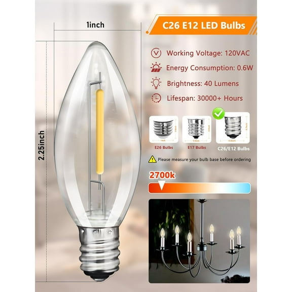 HRTGFD-25Pack C26 LED Light Bulbs, E12 Soft White Dimmable Night Light Bulbs, 2700K Candelabra LED Replacement for Battery Operated Window Candles, Nightlights, Chandeliers, and Sconces