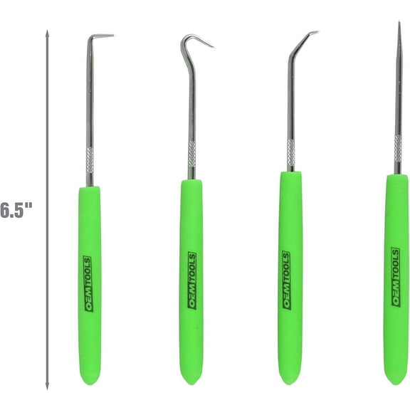 HRTGFD-26535 4 Piece Hook and Pick Set, Green Handled Pick Tool Set, Tool Hooks for Precision Projects, O Ring Pick Set, 4 Hook Tool Kit
