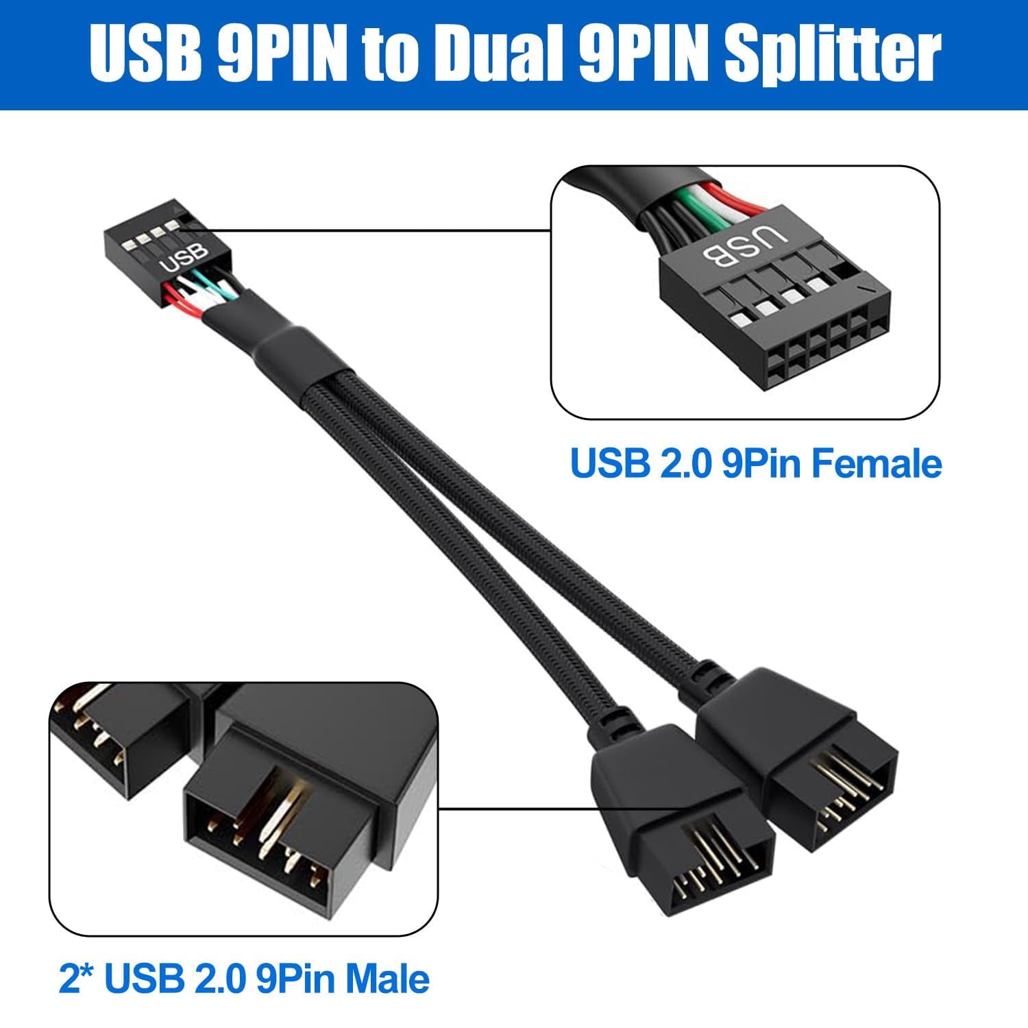 HRTGFD-2PCS Motherboard USB Header Splitter - USB 2.0 to Dual 9 Pin ...
