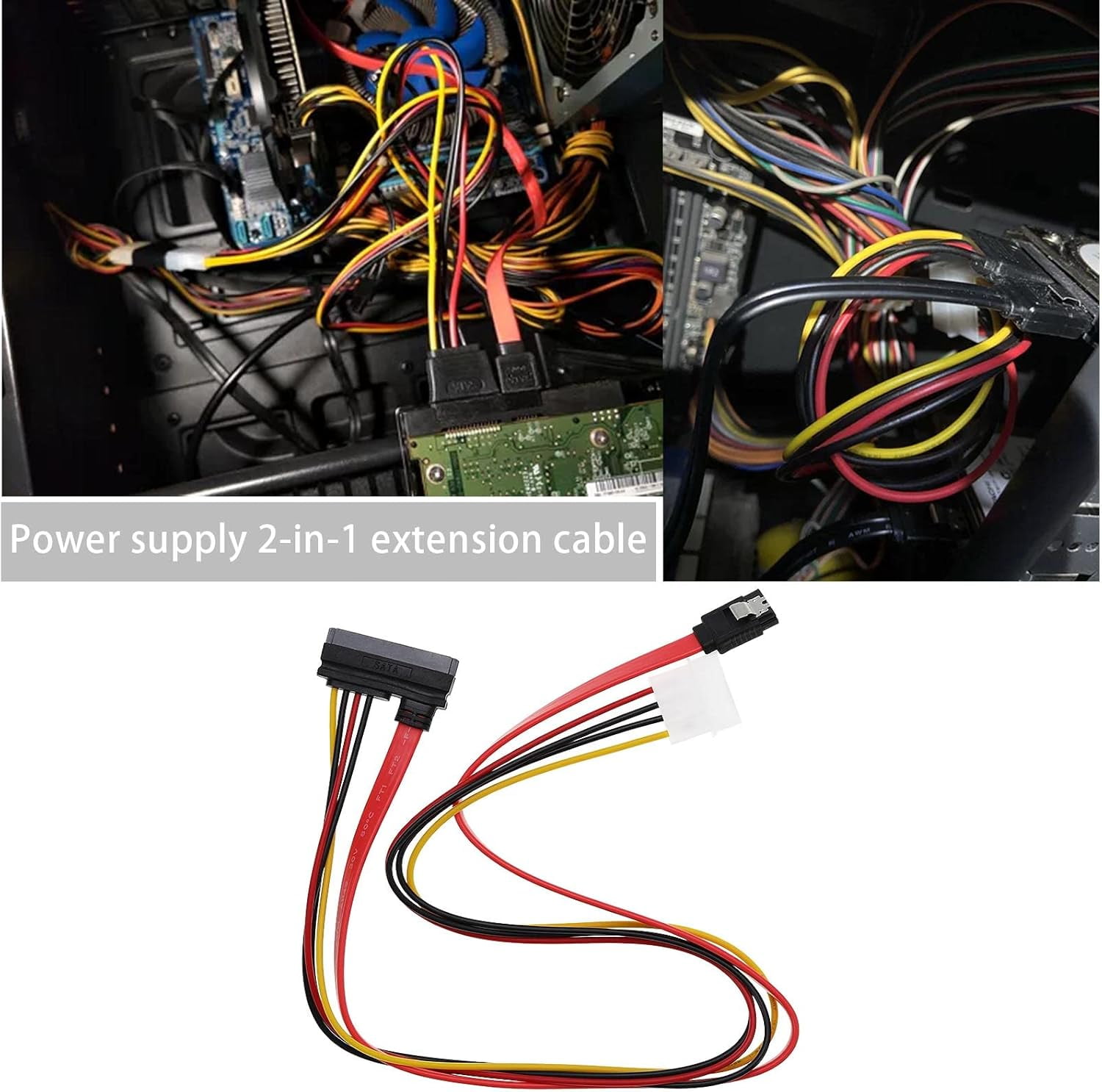 HRTGFD-2Pcs SATA Data Power 2-in-1 Cable 22Pin(7+15) SATA Male to Female Data and Power Combo Extension Cable Accessories for Hard Drive Motherboard PC Case Modding