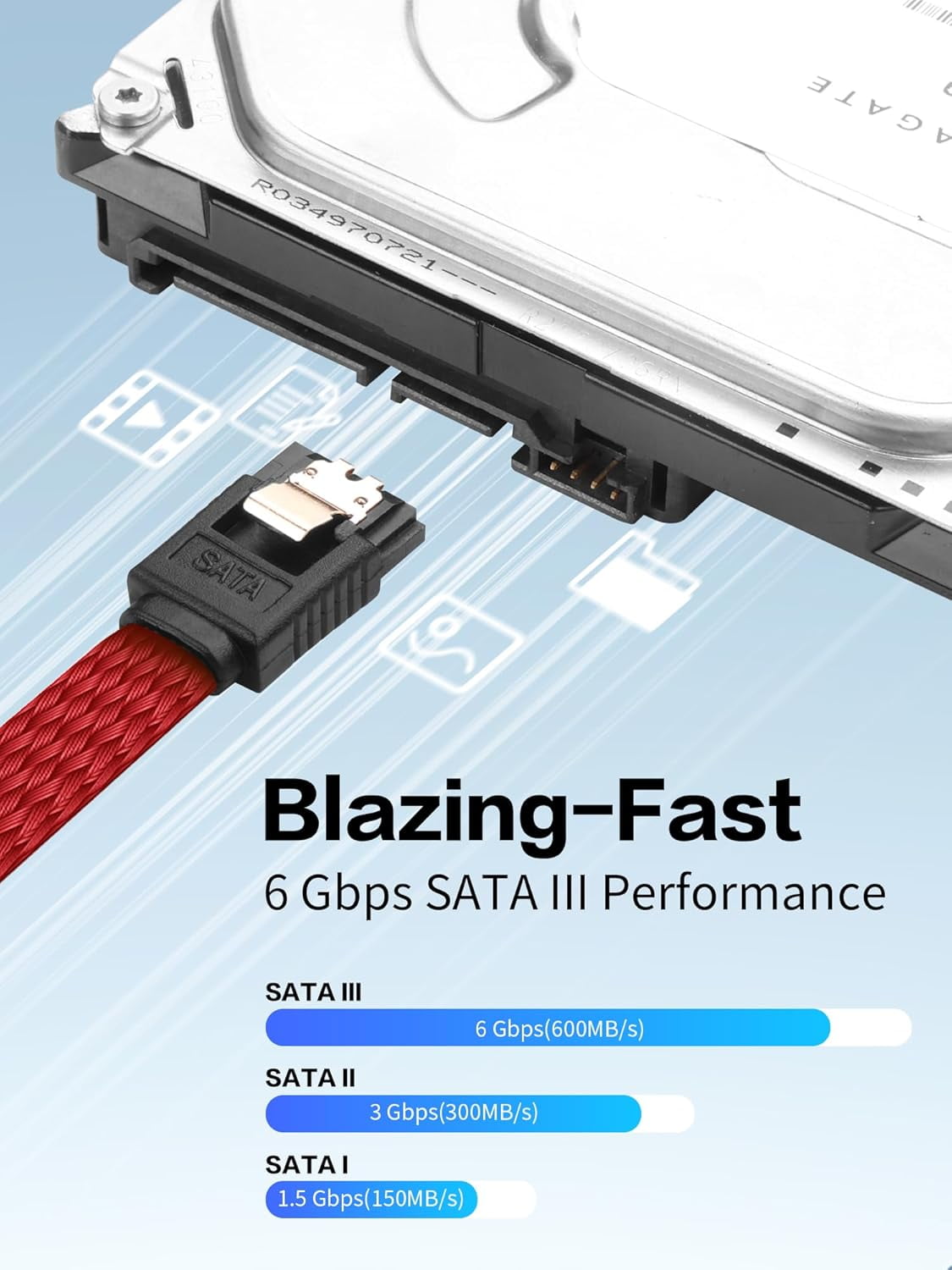 HRTGFD-4 Pack SATA III Cable 20 Inch 6Gbps SATA 3.0 90 Degree Right Angle with Locking Latch for HDD SSD CD Driver CD Writer (Red)