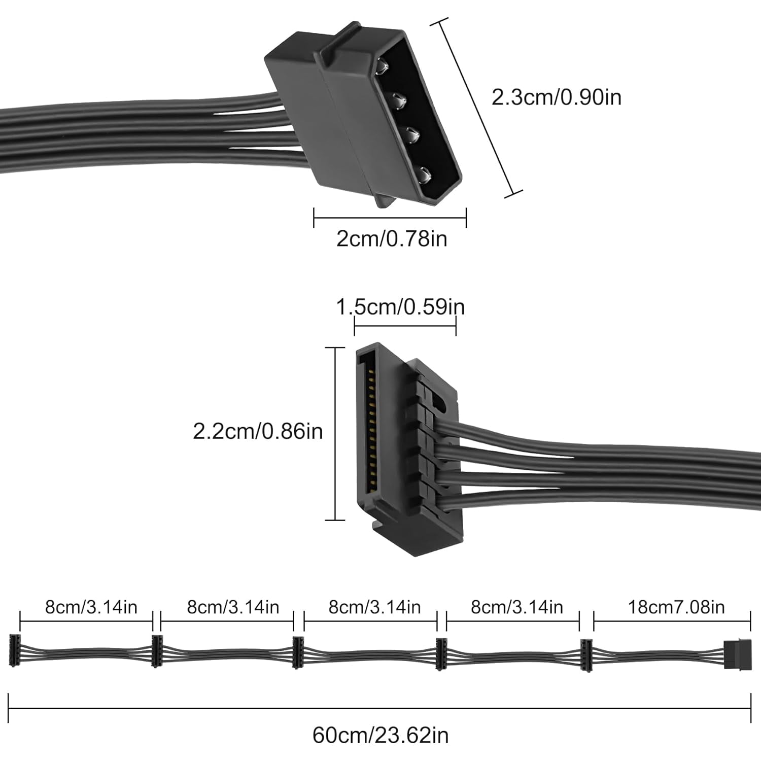 HRTGFD-4 Pin IDE to SATA Power Cable IDE Male to 5 x 15 Pin SATA Female Splitter Power Supply Cable Converter to SATA Extension Cable for DIY PC Server Hard Drive Hard Disk