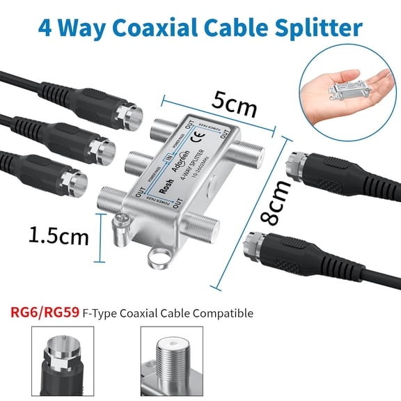 HRTGFD-4-Way Coaxial Cable Splitter, 10-2602MHz Mini Bi-Directional Digital Signal RG6/RG59 Coax Indoor&Outdoor for CATV, Satellite, Antenna, MoCA, Internet, Modem + Screwdriver-1 in 4 Out Ports