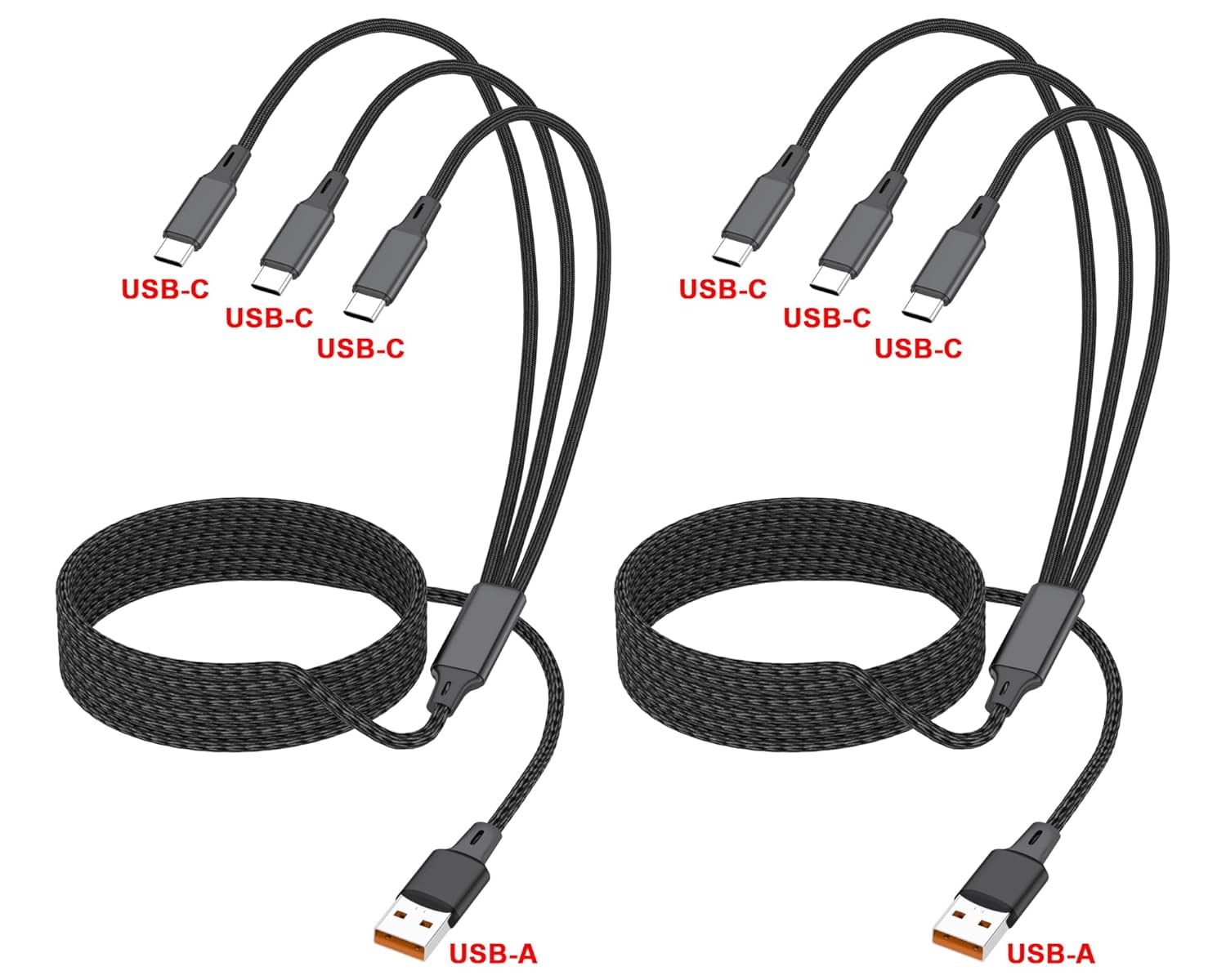 HRTGFD-4FT Multi USB C Charging Cable, 2Pack, 3-in-1, USB-A to 3 USB-C Connectors, Multiple USB Type C Splitter Cords for iPhone 16/15 Pro Max, iPad Air/Pro, Galaxy S24, Google Pixel, Android, Car