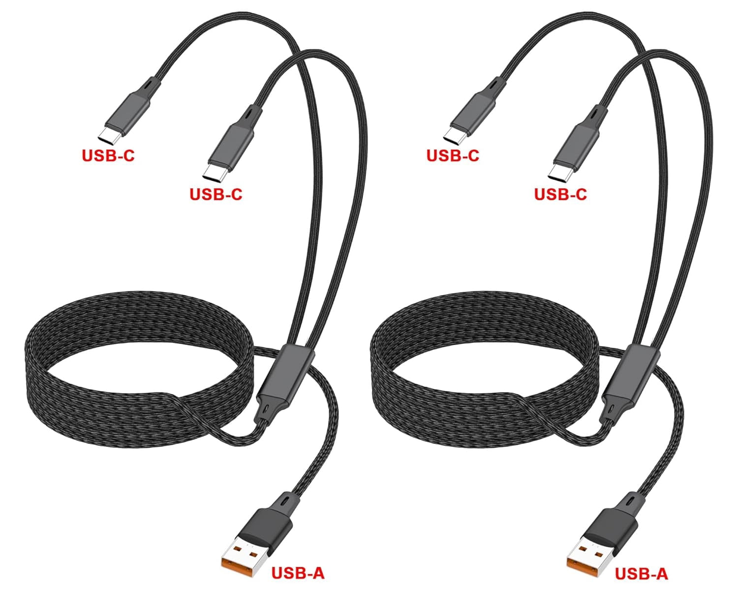 HRTGFD-4FT Multiple Charger Cable, 2Pack, 2-in-1 USB C, USB A to Dual USB C Cord, Multi USB Type C Splitter Cable for iPhone 16/15 Pro Max, iPad Air/Pro, Galaxy S24, Google Pixel,Android,Car
