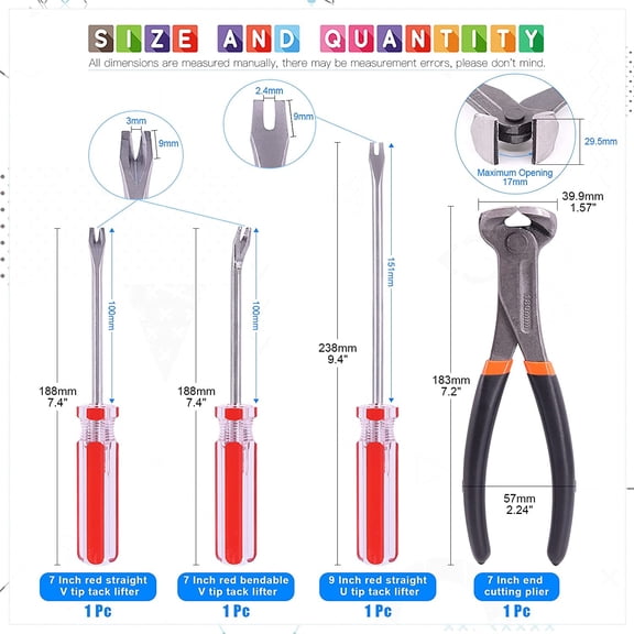 HRTGFD-4Pcs Nail Pullers Nail Remover Tool Set, Include 7'' End Cutting Plier, 4'' Bendable U Tip and V Tip Tack Puller, 6'' U Tip Tack Lifter for Cutting nails, Remove Nails, Nail Pulling