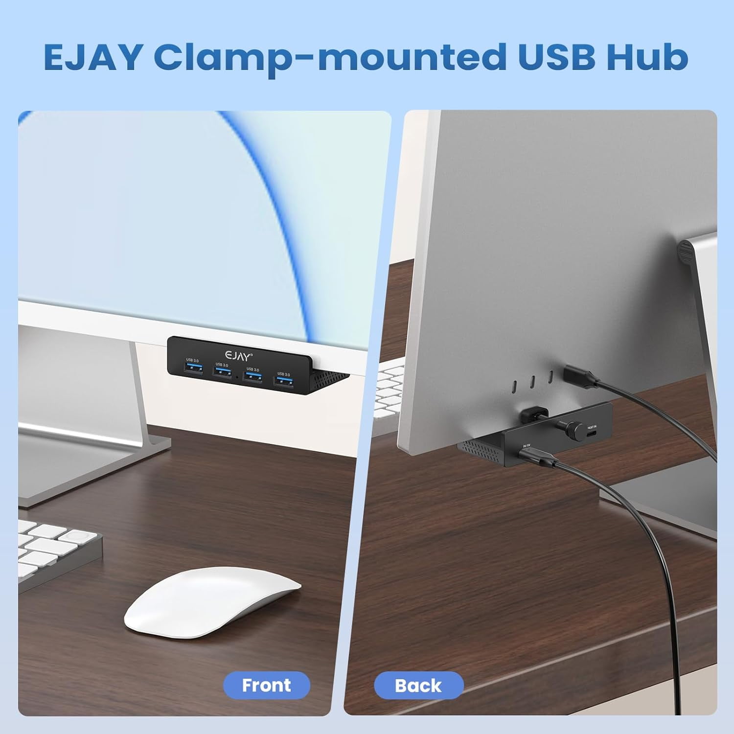 HRTGFD-4Ports USB3.0 Splitter Alu Clamp Desktop USB HUB for Desk/Monitors Clipping with Extra Power Supply Port and 2 Long Cables(59inches Data & 39inches Power Cables)