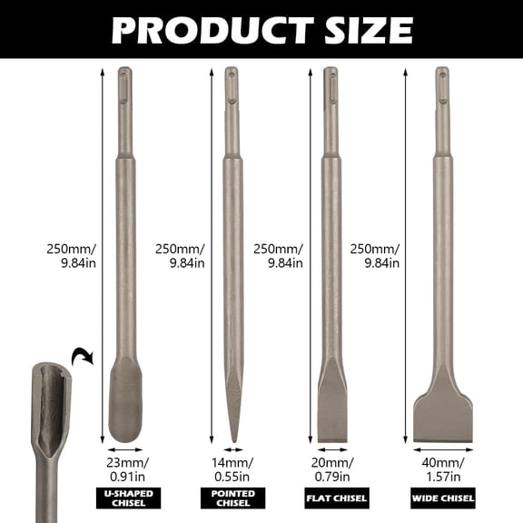 HRTGFD-4pcs SDS Chisel Set, Tile Removal Chisel Bits, Heavy-Duty SDS Plus Bits for Hammer Drill, Includes Flat, Pointed & Tile Chisels for Concrete Demolition and Thinset Removal