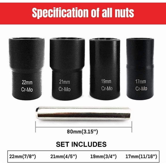 HRTGFD-5 PCS 1/2 Twist Socket Set, 6-Point Sockets Nut and Bolt Extractor Tool Kit,Bolt & Stripped Lug Nut Remover Socket Tool for Damaged(17 mm, 19 mm, 21 mm, 22 mm)