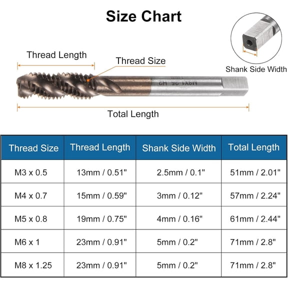 HRTGFD-5pcs Metric Spiral Flute Tap Set M3 M4 M5 M6 M8 AlTiN Coated M35 High Speed Steel Machine Screw Thread Milling Tap Tapping Threading Tools