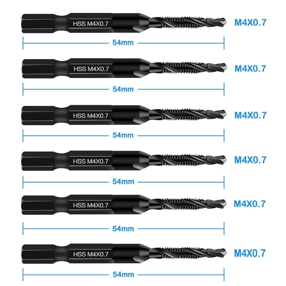HRTGFD-6 Packs M4 Combination Drill & Taps Bit Set, Screw Threading Tapping Tools in Size M4*0.7 with Anti-Rust Black Coating, 1/4" Hex Shank and Storage Case
