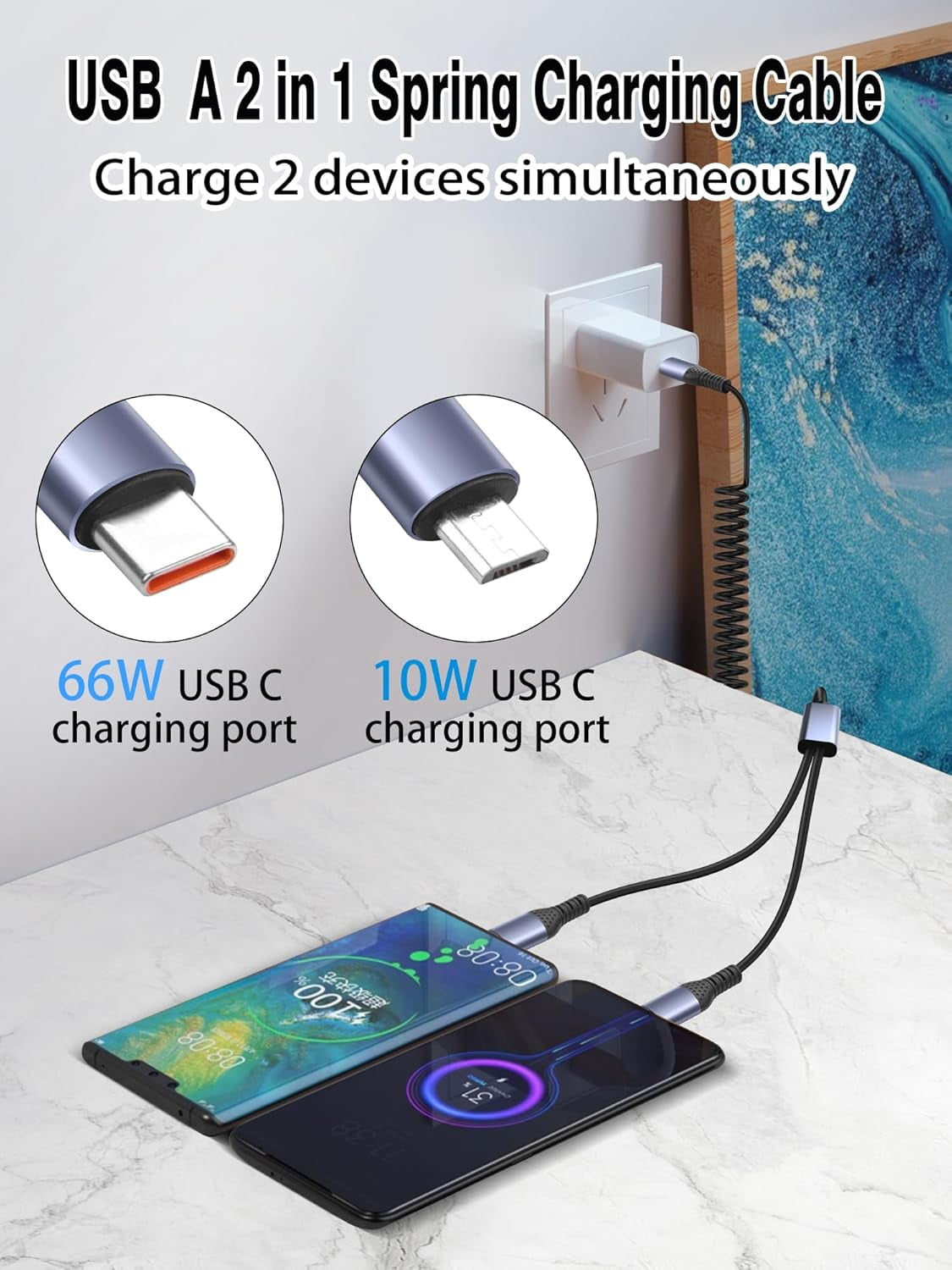 HRTGFD-66W 2-in-1 Retractable Coiled USB Cable with Micro USB Type-C Connector for Phone,Laptop,Tablet,Multi-Charge Spring Cable 6A Fast Charging & Data Sync (USB A to Micro USB & Type-C)