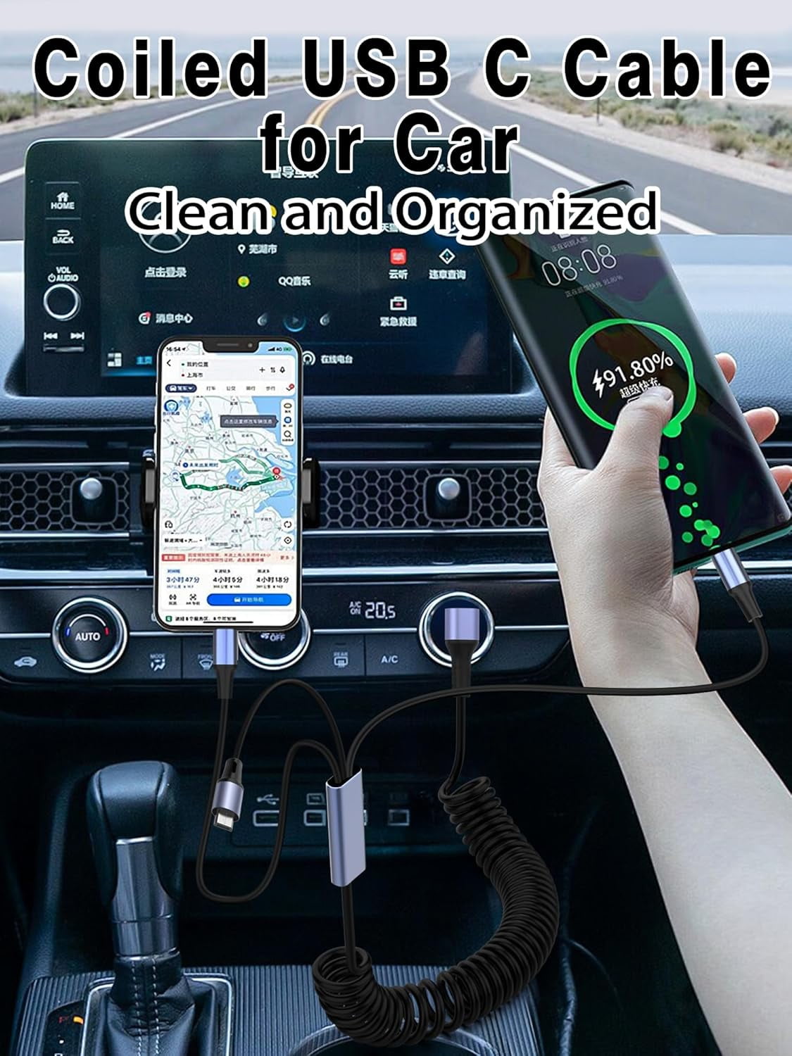 HRTGFD-66W 90 Degree USB C Retractable Spring Splitter Cable with Micro-USB+Type C Connector for Phone,PC,Android,Coiled Multi USB Charging Cable,6A Fast Charging Cord (2 Type C+Mirco USB)