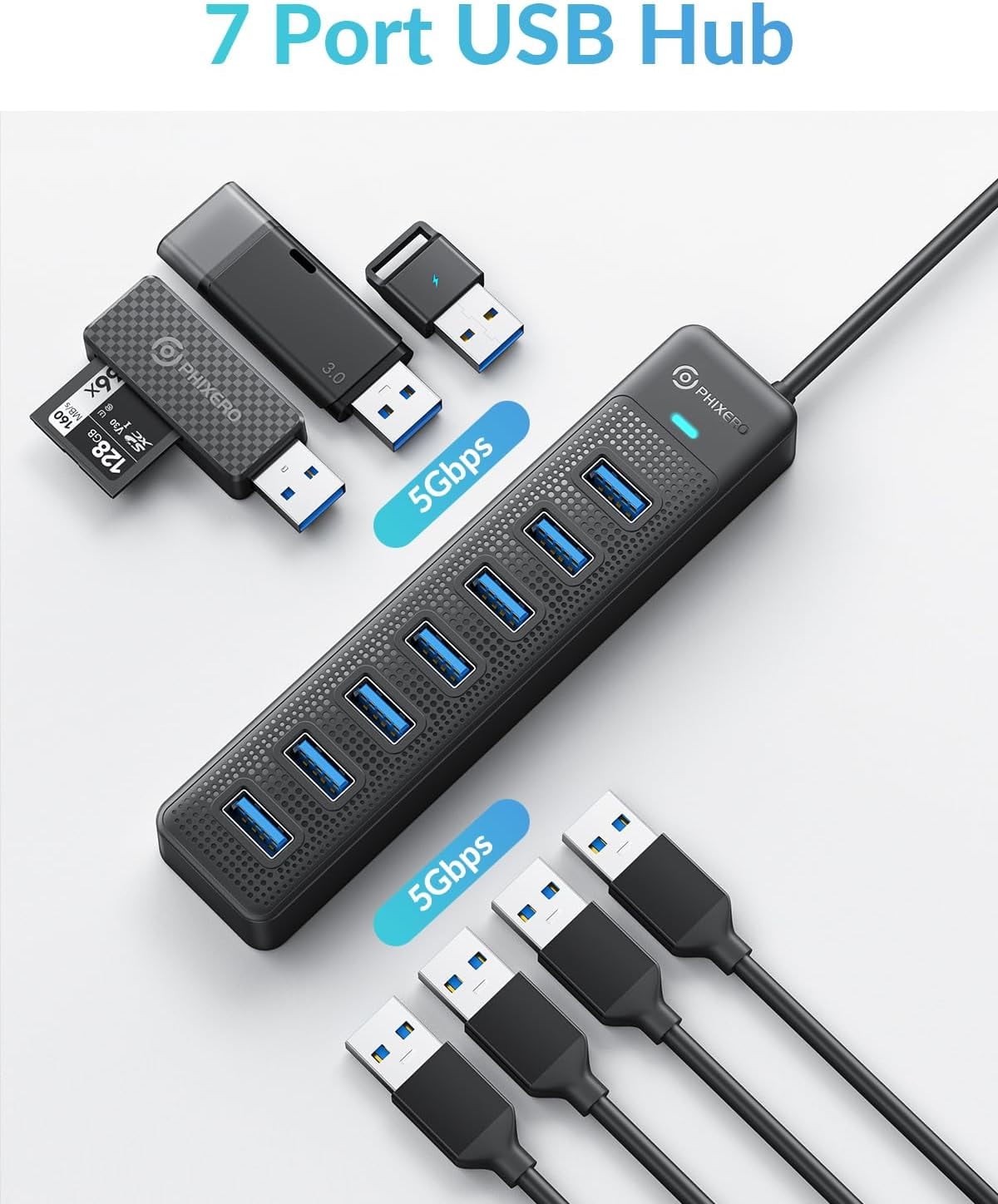 HRTGFD-7 Port USB Hub 3.2 with 15CM Long Cable, Multiport Adapter and Splitter for PC, Compatible with All USB 3.0/2.0/1.1 Devices