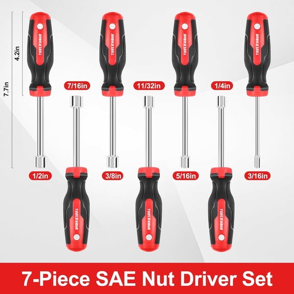 HRTGFD-7Pcs SAE Nut Driver Set - 3/16, 1/4, 5/16, 11/32, 3/8, 7/16, 1/2 Inch, 3.5 Inch (1 Inch Hollow, 2.5 Inch Solid) Shaft Nut Driver with Pass Through Design