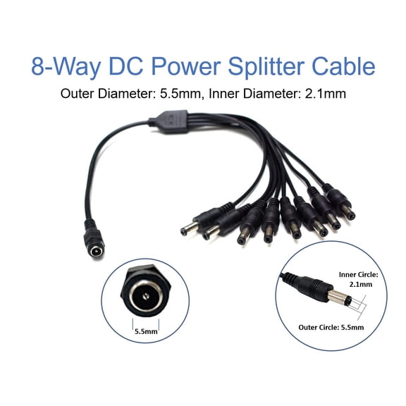 HRTGFD-8 Way DC Power Splitter Cable for Security Cameras (Black 2-Pack)