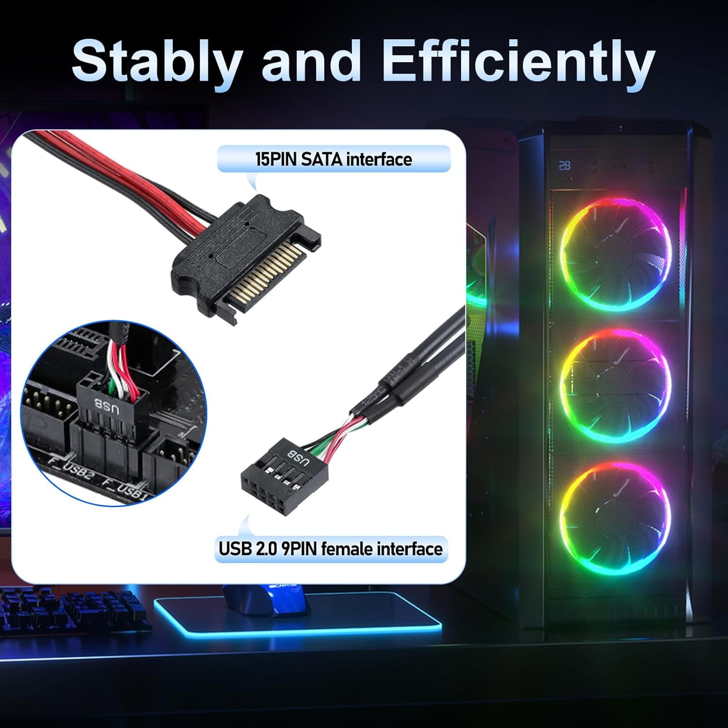 HRTGFD-9Pin USB 2.0 Header Splitter With SATA Power Cable - 1 to 4 Internal USB Hub for CPU/WiFi Receiver/Fans/RGB Light/Printer/Scanner