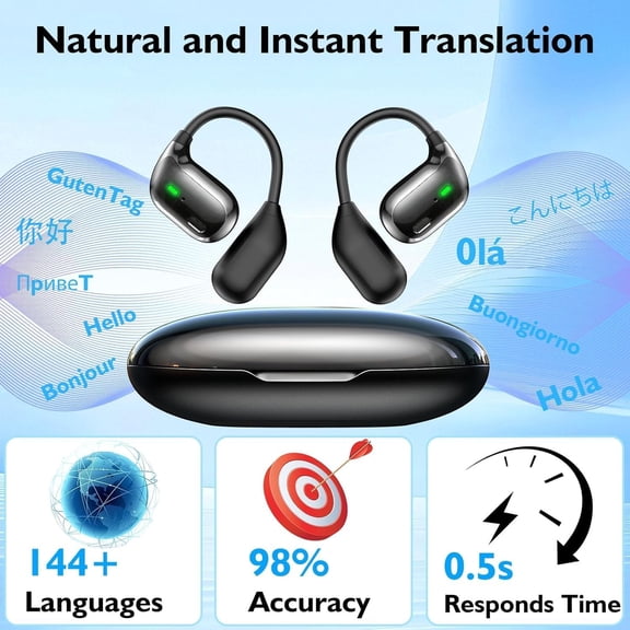 HRTGFD-AI Real-Time Translation Earbuds | 2026 AI Translator Device with 144 Languages for iOS/Android | 3 in 1 Wireless Earbuds for Travel/Business/Learning