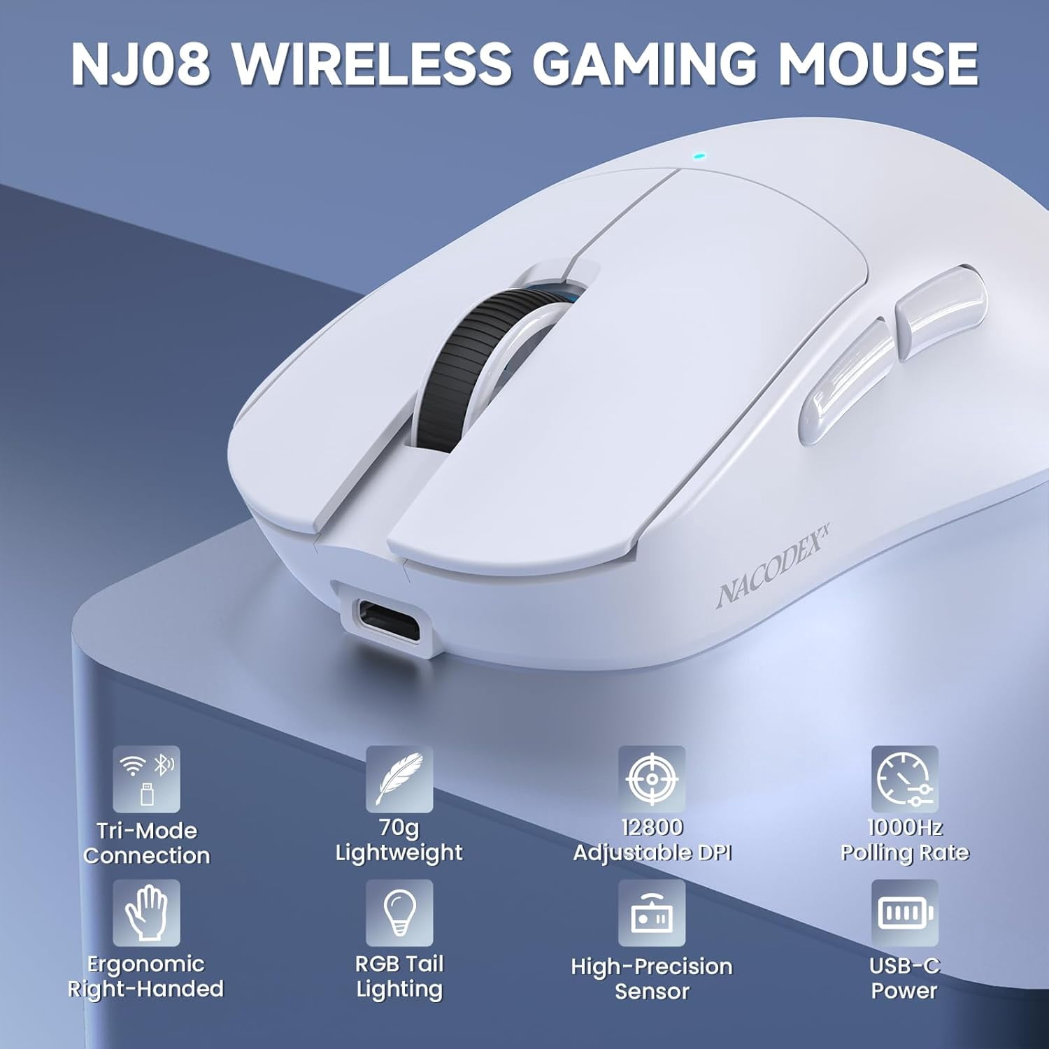 HRTGFD-AJAZZ NJ08 Wireless Gaming Mouse 70g Lightweight, 12800 DPI, RGB Strip, 3-Mode Connection 2.4G/Bluetooth/Wired, 1000Hz Polling Rate, Ergonomic Right-Handed Design for PC, Mac, Windows, Laptop
