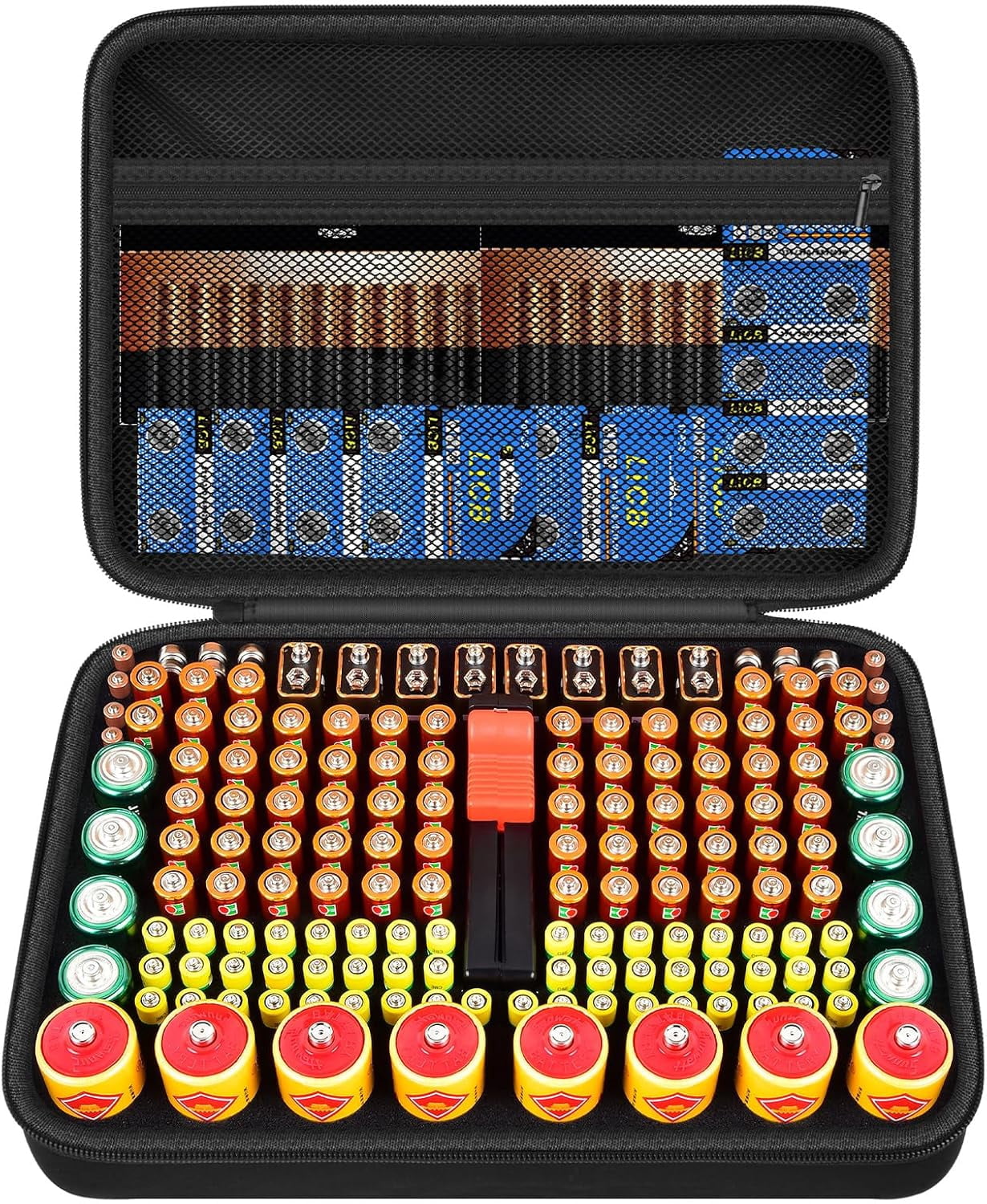 HRTGFD-Battery Organizer Storage Case with Tester, Batteries Holder Box Carrying Bag, Garage Vault Organization Holds 162+ Battery Variety Pack AA AAA AAAA C D 9V 3V Lithium(No Batteries) (Black)