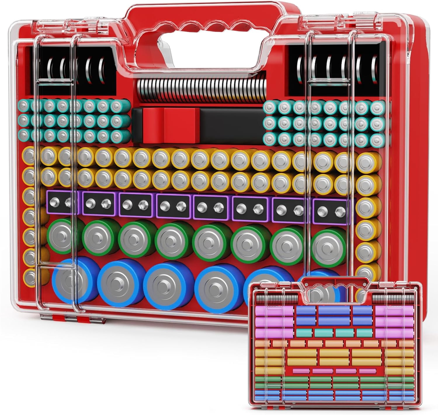 HRTGFD-Battery Organizer Storage Holder Box Case with Tester, Ultra-Large 262+ Batteries Container with Double-Sided, Holds AA AAA 4A 23A C D Cell 9V 3V Lithium 4LR44 CR3 CR123A 18650 (Red)
