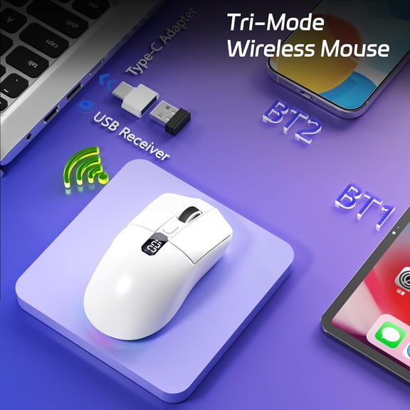 HRTGFD-Bluetooth Wireless Mouse, Tri-Mode (2.4G+BT5.0+BT5.1) LED Bluetooth Mouse, USB C Rechargeable with LED Screen Display, 2400 DPI Computer mice for Laptop/PC/Mac/iPad-White