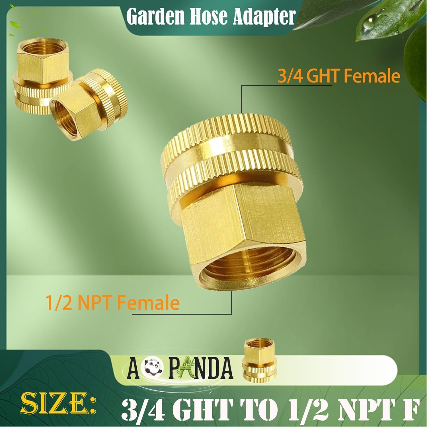 HRTGFD-Brass Garden Hose Threaded 3/4 GHT Female to 1/2 NPT Female Fitting Connect, Quick Swivel Connector Adapter,Double Female Thread 3/4 GHT x 1/2 NPT Pipe, 1 Pack and 2 pcs hose washers.