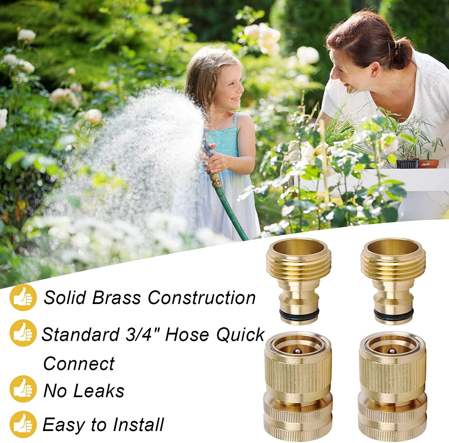 HRTGFD-Brass Hose Quick Connect, 3/4 Inch GHT Thread Garden Hose Quick Connector No-Leak Water Hose Quick Connect Fittings Male and Female - 2Packs