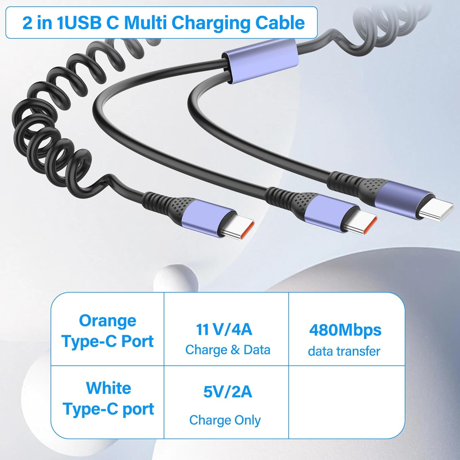 HRTGFD-Coiled Multi USB C Charging Cable Type C Splitter Spring Cable 4A Fast Charging Cord with 2 Type-C Male Port Compatible with Cell Phones Tablets,Retractable USB C Cable for Car 6FT