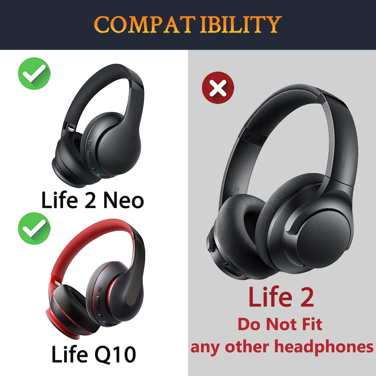 HRTGFD-Cooling Gel Earpads Replacement for Anker Soundcore Life Q10, Q10BT, Life 2 Neo (Not fit Life 2) Headphones, Ear Pads Cushions with Ice Silk Fabric, High-Density Noise Isolation Foam - Black
