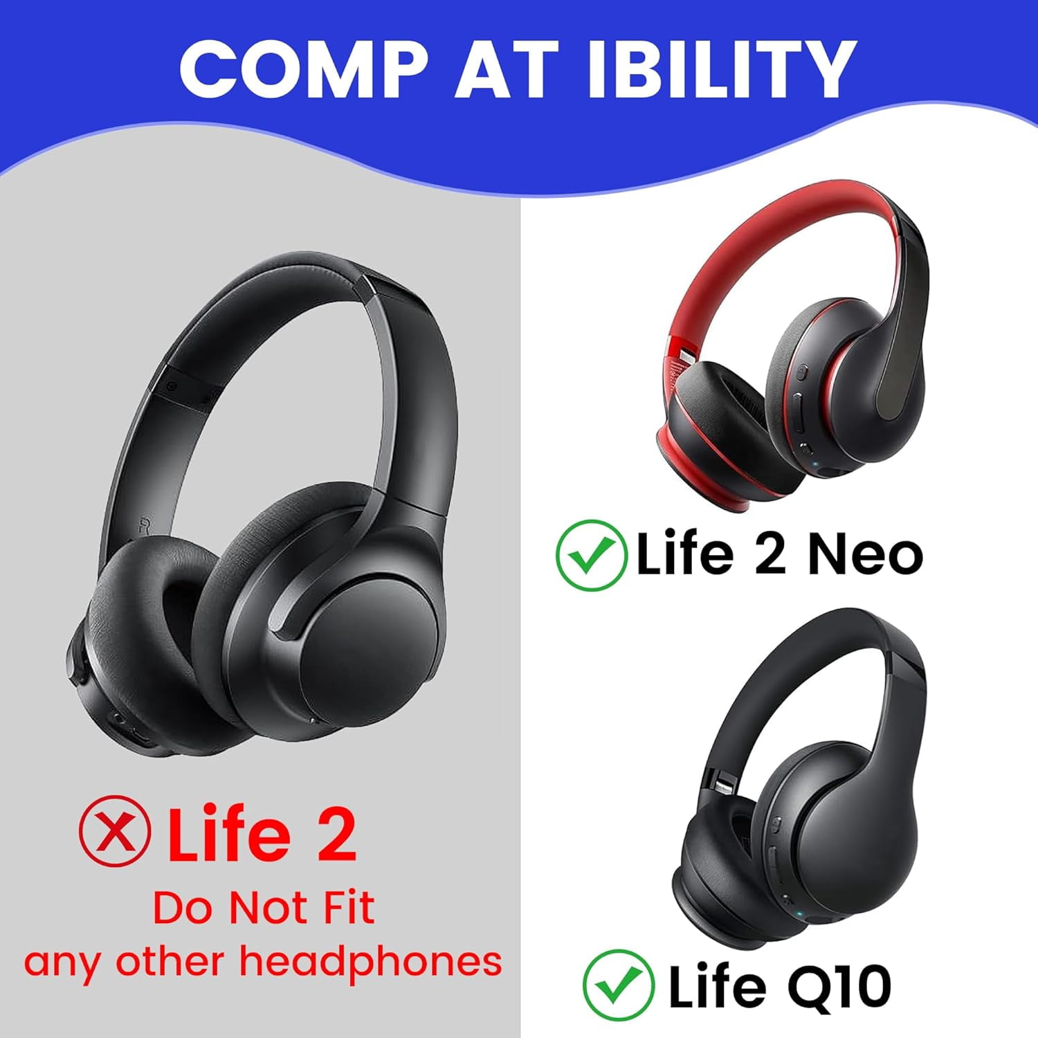 HRTGFD-Cooling Gel Replacement Ear Pads for Anker Soundcore Headphones Life Q10, Q10BT, Life 2 Neo (Not Compatible with Life 2), Earpads Cushions Ice Silk Fabric High-Density Noise-Isolating Foam
