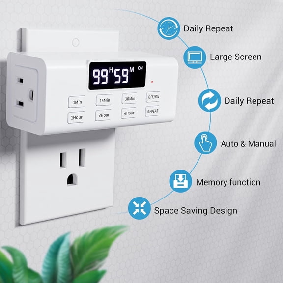 HRTGFD-Countdown Timer Outlet, Up to 99 Hours, Large Screen and Repeat Function, Inodoor Auto Shut Off Timers for Charger Light Vacation Security,Digital Timers for Electrical Outlets